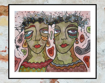 Original Portrait Painting Pink & Green Faces Quirky Outsider Art Faces