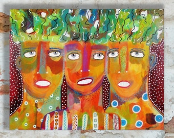 Outsider Art Portrait Painting Colourful Faces Original Acrylic On Canvas