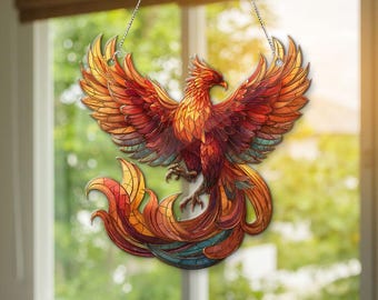 Phoenix Acrylic Suncatcher, Fantasy Lover Gift, Phoenix Ornament, Mythical Bird Window Hanging Decor, Vibrant Fire Phoenix Gift