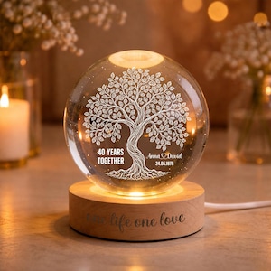 Personalized 40th Anniversary Crystal Ball, Custom Tree of Life Lamp, Ruby Anniversary Gift for Couple, 40 Years Together Keepsake
