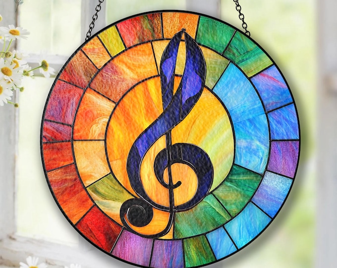 Treble Clef Stained Glass Suncatcher, Music Teacher Gift, Rainbow Window Hanging, Music Lover Gift, Music Room Decor, Musician Gift