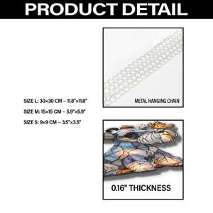 May include: Product detail image with a metal hanging chain and a stained glass design. The sizes are: L: 11.8"x11.8", M: 5.9"x5.9", S: 3.5"x3.5". The thickness is 0.16".