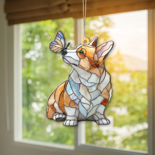 Corgi Dog Sun Catcher, Butterfly Pet Memorial Gift, Custom Corgi Portrait Window Hanging, Welsh Corgi Lover Art