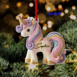 Personalized Unicorn Ornament for Kids, Custom 2D Flat Christmas Ornament, Girl Pony Decor, Cute Baby Keepsake, Holiday Tree Decoration