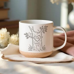 Personalized Engraved Pottery Mug For Couple, Wedding Gifts, Custom Carved Initials In A Heart Tree Mug, Engagement Gifts, Newlywed Gifts
