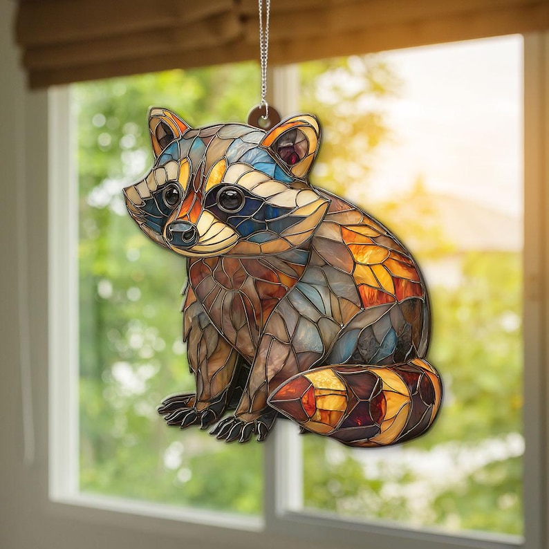 May include: A decorative raccoon ornament with a stained glass effect. The raccoon is depicted in a sitting position, featuring a mosaic of colors including brown, orange, blue, and yellow. It hangs from a silver chain, perfect for window or wall decor.