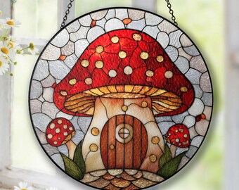 Paddenstoel zonnevanger, Glas-in-lood paddenstoelen Cottagecore woondecoratie, Vliegende paddenstoel maan raam hangende kunst, Fantasie bos cadeau