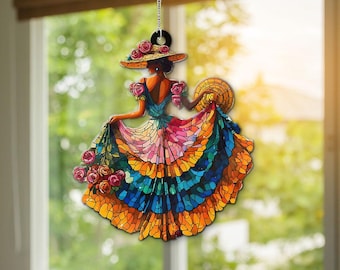 Mexican Woman Suncatcher, Colorful Folklore Art Window Hanging, Latina Woman Ornament, Boho Stained Glass Style Decor, Gift for Mom