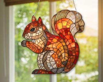 Squirrel Suncatcher for Window Hanging, Handmade Woodland Animal Decor, Rustic Home Glass Art Gift for Nature Lovers,Squirrel Christmas Gift