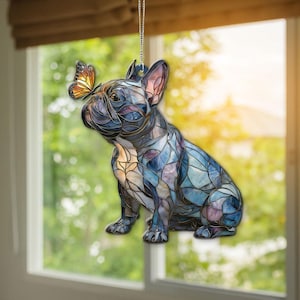 French Bulldog Suncatcher, Frenchie with Butterfly Window Hanging, Blue French Bulldog Mom Gift, Pet Memorial Art, Dog Lover Home Decor