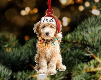 Può includere: Un ornamento natalizio raffigurante un cane marrone chiaro con un cappello da Babbo Natale con il nome "Milo" e una stringa di luci colorate. L'ornamento è appeso a un nastro rosso su uno sfondo sfocato di rami di albero di Natale.