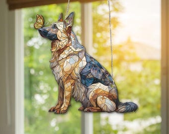 German Shepherd ACRYLIC Suncatcher with Butterfly, Dog Memorial Window Hanging, GSD Lover Gift, Pet Loss Sympathy Art Decor