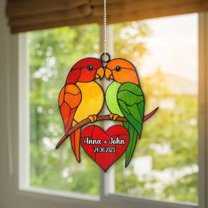 Love Birds Suncatcher, Personalized Anniversary Gift for Couple, Wedding Date Keepsake, Parrot Art Window Hanging