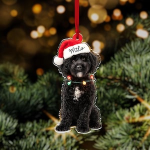 May include: A Christmas ornament featuring a black dog wearing a Santa hat with the name "Milo" and a string of colorful lights. The ornament hangs from a red ribbon against a blurred background of Christmas lights and greenery.