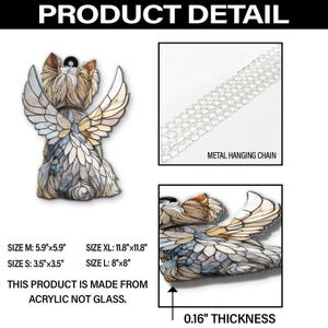 May include: An acrylic angel dog ornament with a stained-glass effect. It includes a metal hanging chain and is 0.4 cm thick. Available in four sizes: S, M, L, and XL. The text reads "This product is made from acrylic not glass."