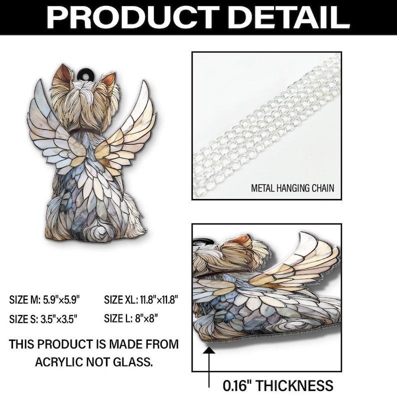 May include: An acrylic angel dog ornament with a stained-glass effect. It includes a metal hanging chain and is 0.4 cm thick. Available in four sizes: S, M, L, and XL. The text reads "This product is made from acrylic not glass."