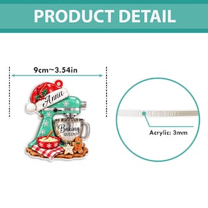 May include: A teal stand mixer ornament featuring a red Santa hat with the name Anna, a bowl labeled Baking Queen, a red bowl, a gingerbread man, and a star cookie. The acrylic ornament measures 3.54 inches in width and 3mm in thickness.
