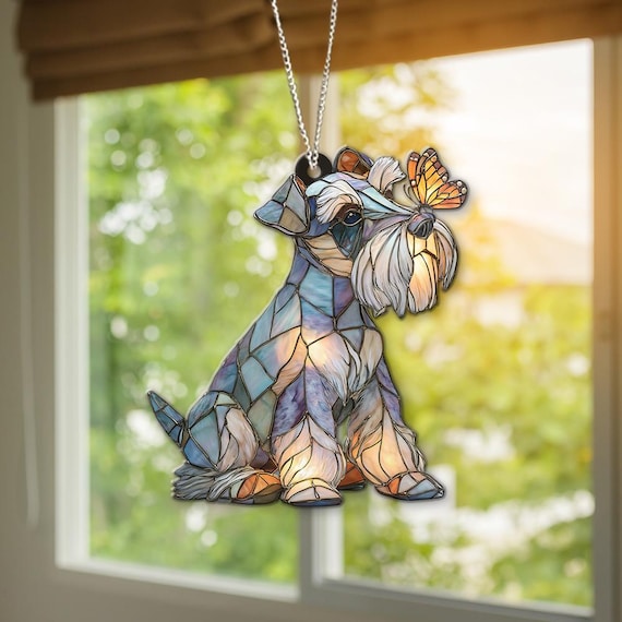Schnauzer Suncatcher, Dog with Butterfly Window Hanging, Personalized Schnauzer Mom Gift, Pet Memorial Art, Puppy Lover Home Decor,Schnauzer