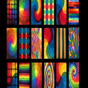 May include: A collage of 16 colorful images featuring various patterns and designs. The images include a rainbow color wheel, a spiral pattern, a checkered pattern, and a tie-dye pattern.