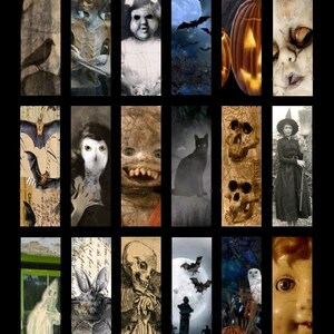 May include: A collage of 15 images with a Halloween theme. The images include a crow, a skeleton, a pumpkin, a bat, an owl, a witch, a ghost, and a doll.