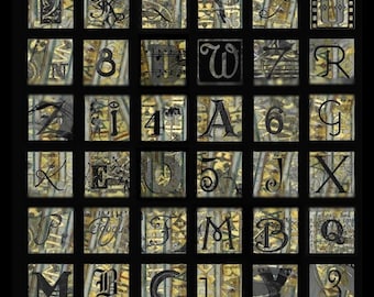 Alphabet Letters Numbers Digits No. 2 - Gold Leaf Effect -  1x1 and .75x.83 - Digital Collage Sheet - Instant Download