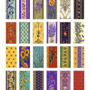 Könnte beinhalten: Eine Sammlung von 24 bunten Stoffmustern mit verschiedenen Mustern, darunter Blumen, Paisley, geometrische Muster und Streifen. Die Muster sind in einem Raster angeordnet und zeigen eine Vielzahl von Farben, darunter Gelb, Blau, Grün, Rot und Lila.