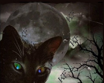 Pop Art Gato Negro y La Luna - Impresión de Arte 5x7