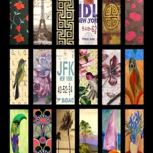 Puede incluir: Un collage de 16 diseños de marcapáginas diferentes. Los marcapáginas presentan una variedad de patrones, colores e imágenes, incluyendo flores, pájaros, formas geométricas y diseños con temática de viajes. Los marcapáginas son todos de forma rectangular y miden aproximadamente 5 cm de ancho y 15 cm de largo.