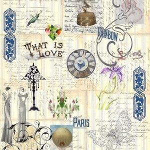 May include: A vintage-style collage featuring a hot air balloon, a clock, a birdcage, a hummingbird, a floral design, and the words "That is Love" and "Paris". The background is a cream-colored paper with handwritten text and blue stripes.