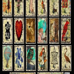 May include: A collage of 16 vintage-style images, each with a different design. The images include a ballerina, a cross, a high heel shoe, a hummingbird, a key, a heart, a fairy, a face, a hot air balloon, a flower, an owl, a girl in a red hood, a star of David, a flamingo, and a woman's face.