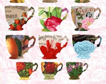 Garden Tea Party Cups - Digital Collage Sheet - Instant Download