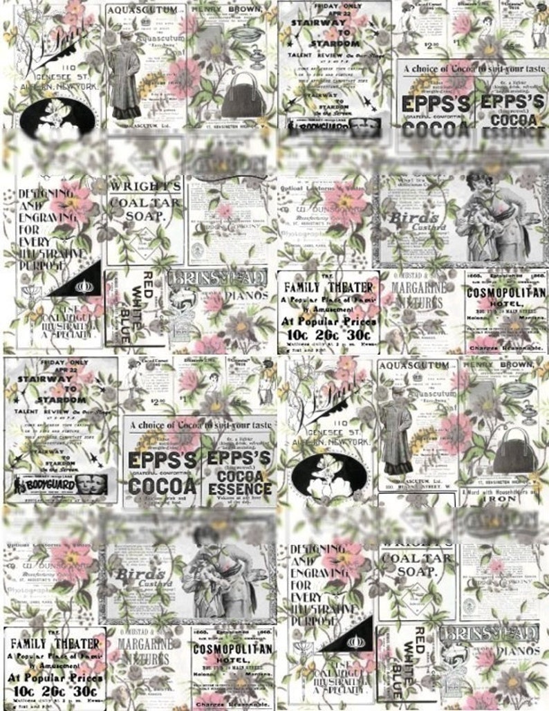 Wall-to-Wall Background Newsprint on Pink Flowers Digital Collage Sheet Instant Download image 1