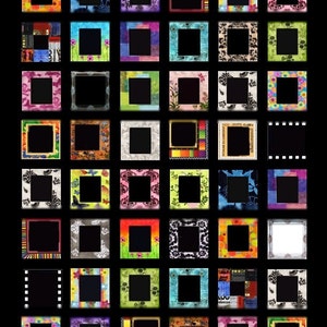 May include: A collection of 49 colorful digital picture frames with black borders. The frames are arranged in a grid pattern and feature various designs, including floral, geometric, and abstract patterns.