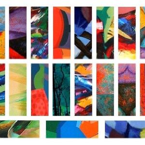 May include: A collection of abstract paintings in various colors and styles. The paintings are arranged in a grid pattern and feature bold brushstrokes and geometric shapes.