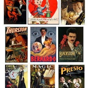 May include: A collage of vintage posters advertising magic shows. The posters feature illustrations of magicians, assistants, and magical props, including a rabbit, a top hat, a globe, and a devil. The posters are in various colors, including red, blue, green, and yellow.