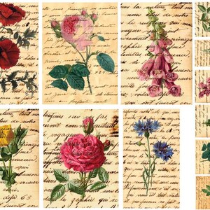Heirloom Flowers on Text - Digital Collage Sheet - Instant Download