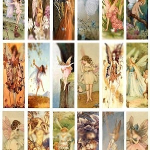May include: A collage of 16 vintage illustrations featuring fairies with wings, flowers, and nature scenes. The fairies are depicted in various poses and settings, with some holding flowers or other objects. The illustrations are in a whimsical style and feature vibrant colors.