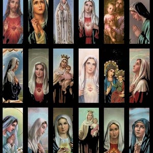 May include: A collage of 16 religious images featuring depictions of Jesus and Mary. The images are in a variety of styles and colors, and some include other figures such as angels and children.