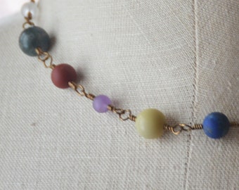 Choker Short Necklace Multi-Gemstone Matte Round Beads Hand-wired Antiqued Brass Wire Antiqued Brass Toggle Clasp