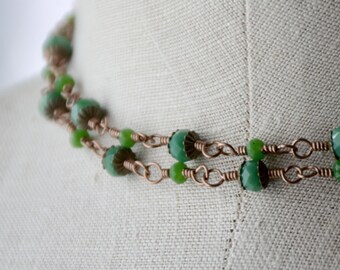 Choker Short Layering Double Strand Necklace Vintage Mint Green Antiqued Brass Bead Caps and Wire