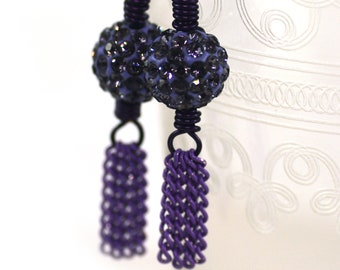 Monochromatic Tassel Earrings Sparkly Purple Crystal Pave Beads Purple Wire Chain and Niobium Ear Wires