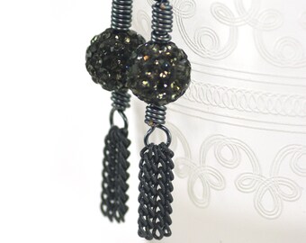 Monochromatic Tassel Earrings Sparkly Gray Crystal Pave Beads Black Wire Gray Chain Stainless Steel Ear Wires