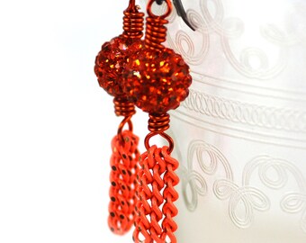 Monochromatic Tassel Earrings Sparkly Bright Tangerine Orange Crystal Pave Beads Orange Wire Chain Coppery Brown Niobium Ear Wires