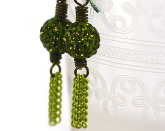 Monochromatic Tassel Earrings Sparkly Bright Green Crystal Pave Beads Lime Green Wire Chain Green Niobium Ear Wires