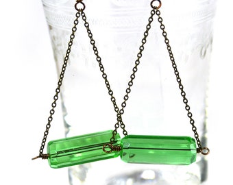 Chain Dangle Earrings Featuring Antiqued Brass Transparent Pale Green Glass Faceted Tube Beads