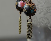 Tassel Earrings Featuring Vintage Japanese Tensha Flower Beads Delicate Antiqued Brass Chain and Niobium Hooks