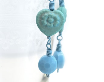 Earrings Featuring Czech Pressed Glass Vintage Style Heart Matte Opaque Turquoise Blue Sky Blue Crystal Coins Niobium Ear Wires