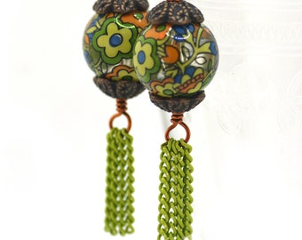 Tassel Earrings Vintage Style Japanese Tensha  Beads Funky '70s Flower Detail Orange Green Blue Yellow Lime Green Chain Niobium Hooks