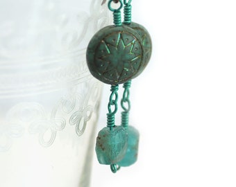 Earrings Featuring Handmade Czech Glass Coins Star of Ishtar Opaque Green Jade Travertine AB Finish Blue Apatite Beads Niobium Ear Wires