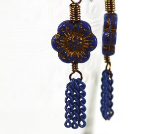 Tassel Earrings Handmade Czech Glass Wild Rose Flower Opaque Royal Blue Bronze Wash Antiqued Brass Wire Enameled Chain Niobium Ear Wires
